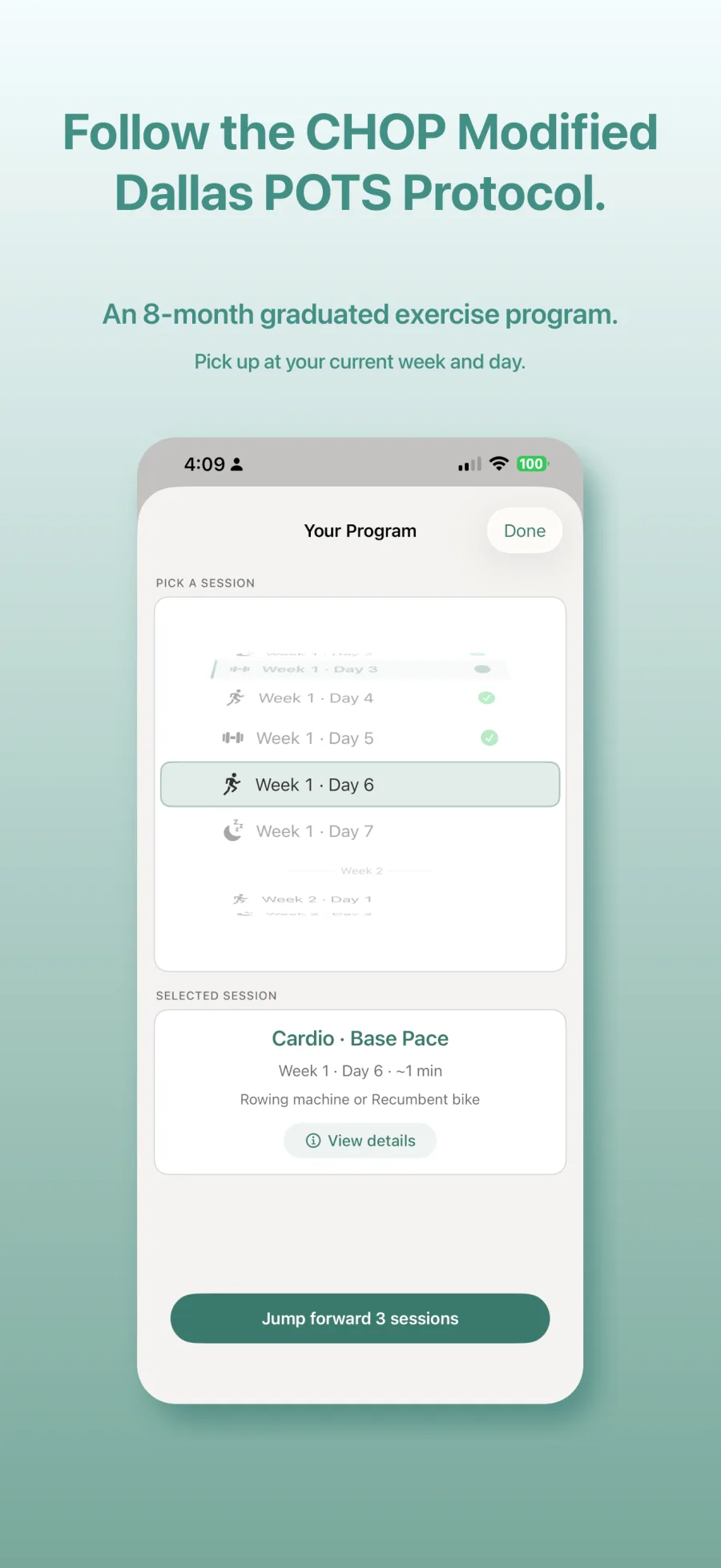 Follow the CHOP Exercise Program — an 8-month graduated exercise program. Pick up at your current week and day.