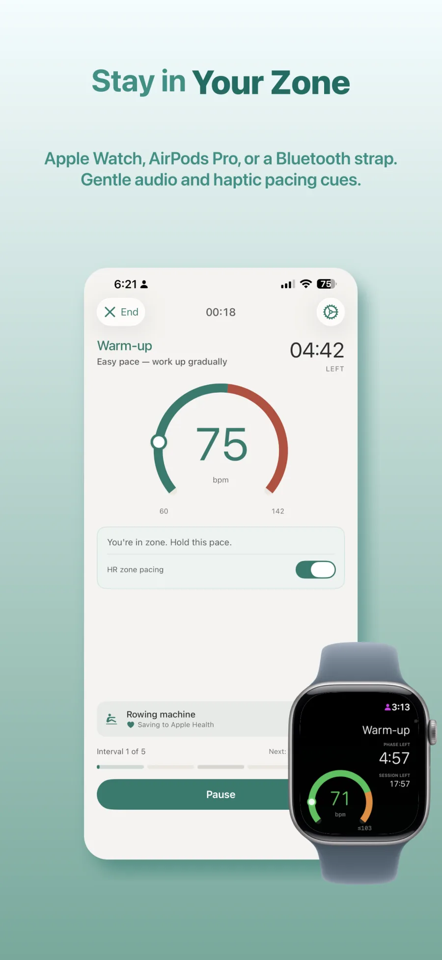Stay in your target heart-rate zone with Apple Watch, AirPods Pro, or a Bluetooth strap, plus gentle audio and haptic pacing cues.
