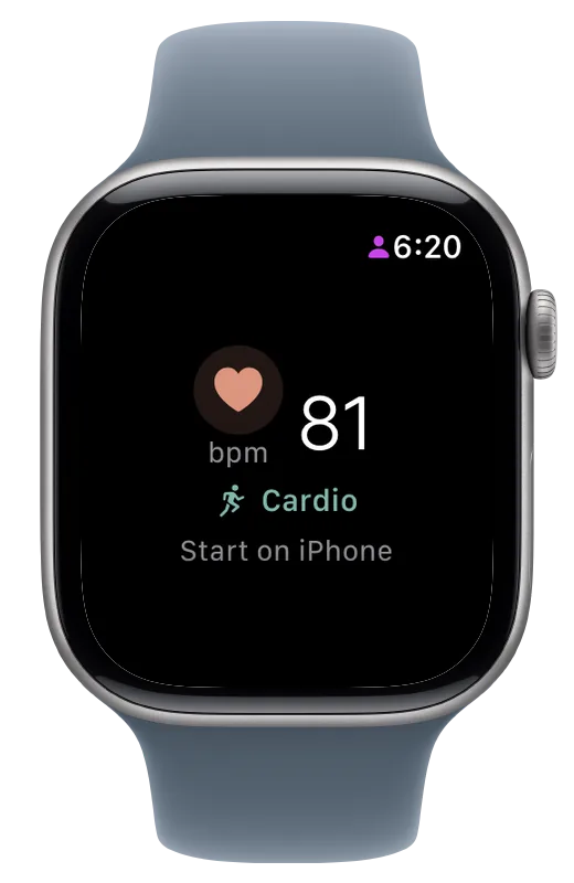 The myPotential Apple Watch app shows a heart-rate reading and tells the person to start cardio on iPhone.
