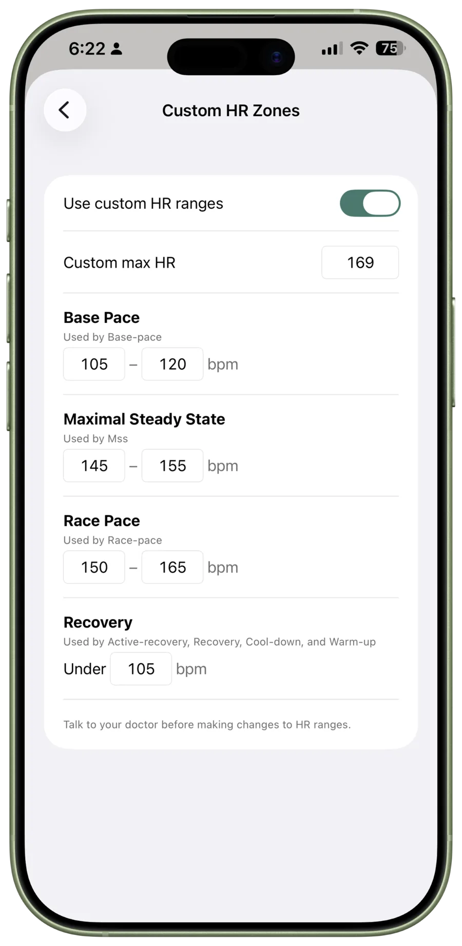The Custom HR Zones screen shows the Use custom HR ranges switch, a custom maximum heart rate, and editable target ranges.