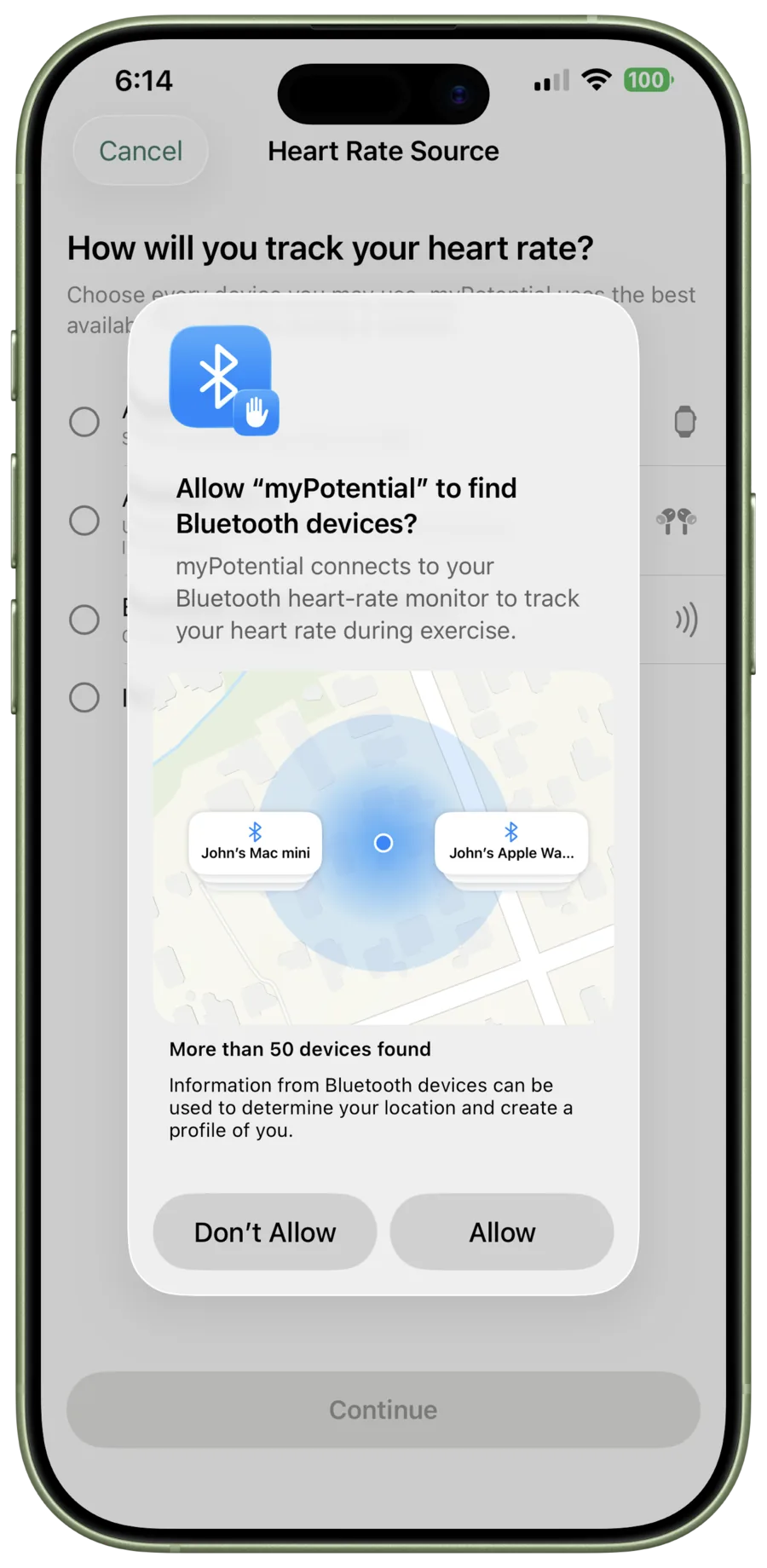 An iPhone permission alert asks whether myPotential can find Bluetooth devices.
