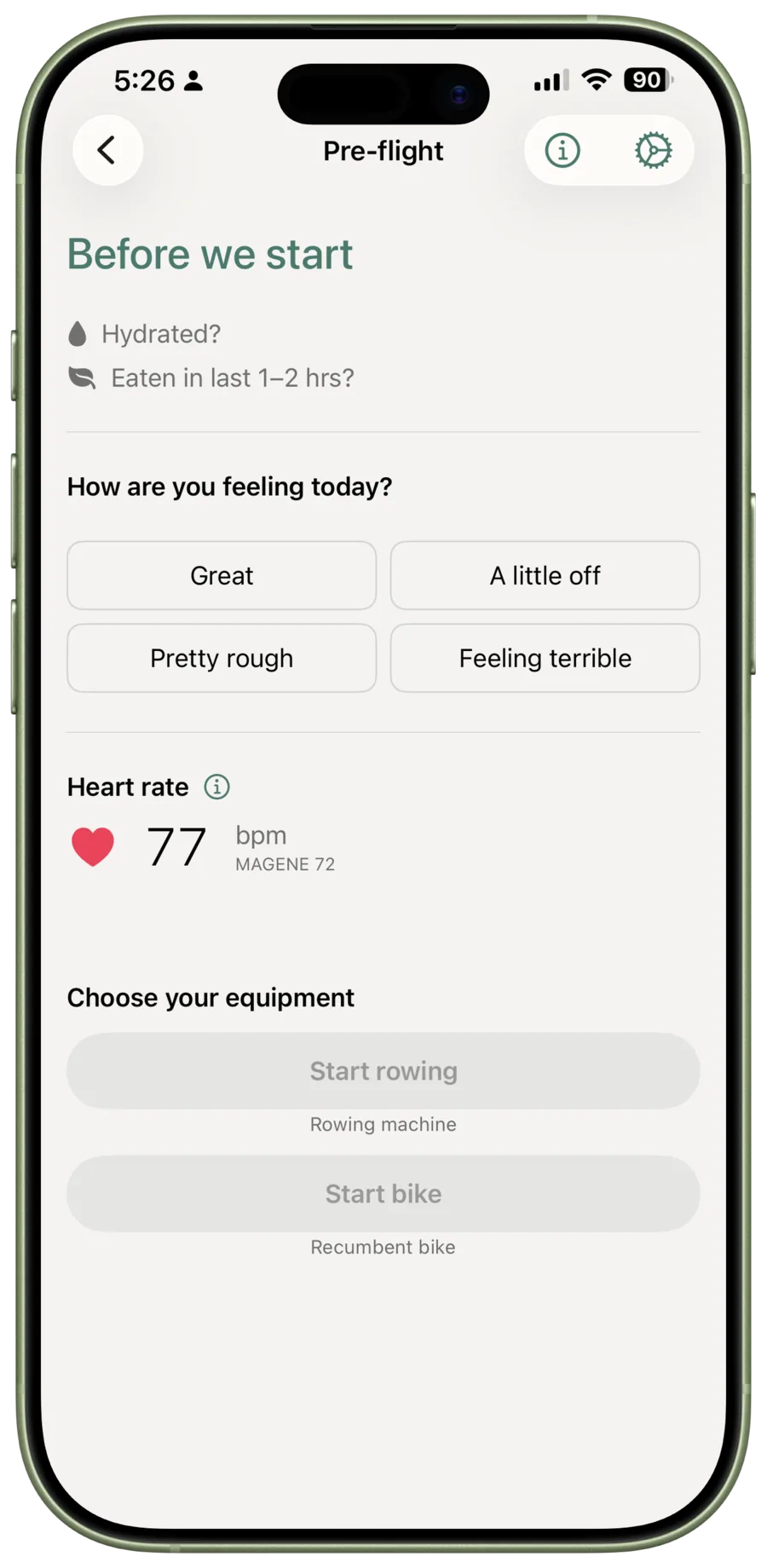 The myPotential pre-flight screen has readiness options, a heart-rate section, and unavailable equipment buttons.