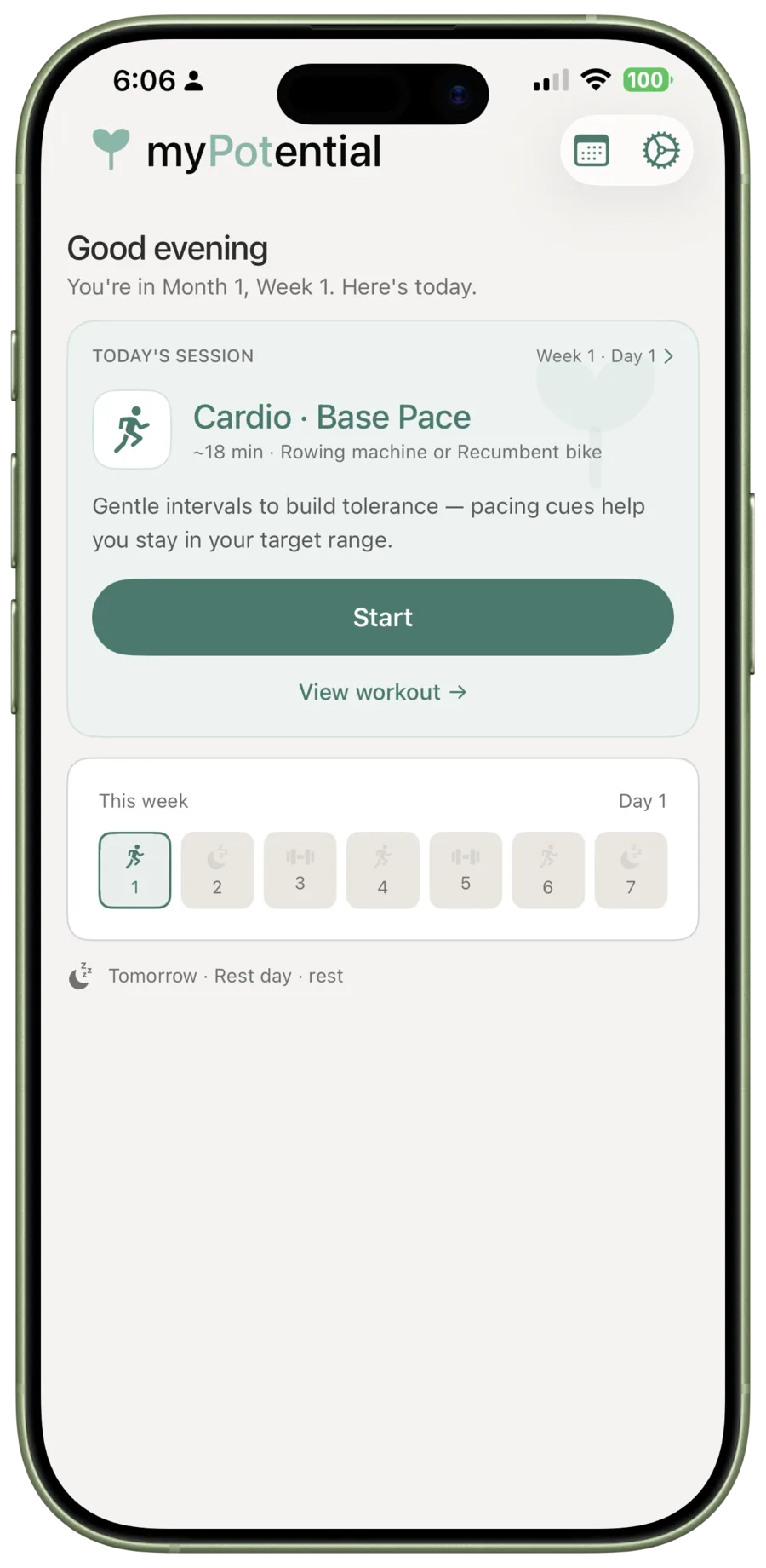 The myPotential dashboard shows a Cardio Base Pace session with a Start button.