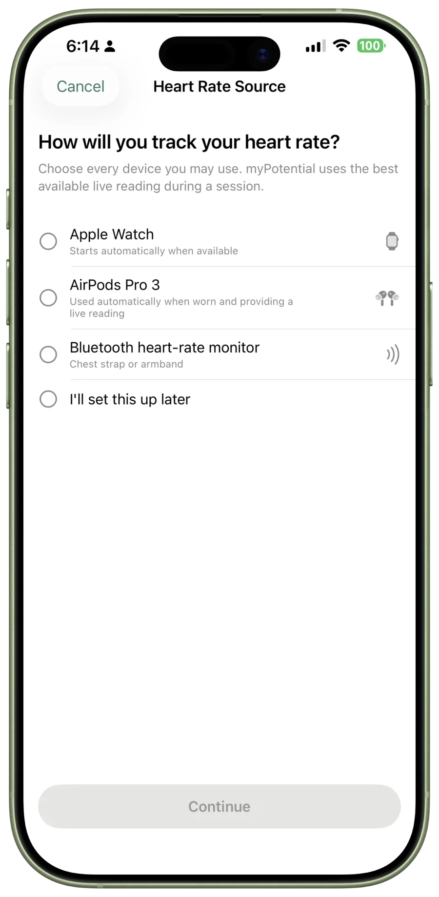 The myPotential Heart Rate Source screen lists Apple Watch, AirPods Pro 3, and a Bluetooth heart-rate monitor.