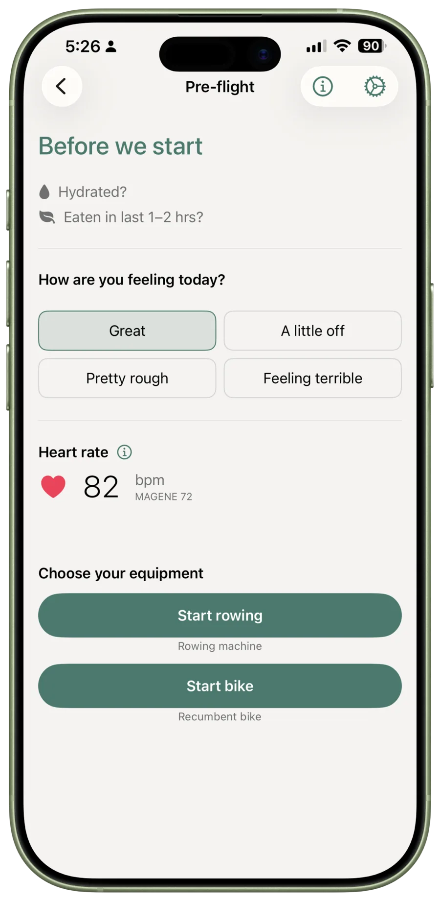 The myPotential pre-flight screen shows a current heart-rate reading, a selected readiness option, and Start rowing and Start bike buttons.