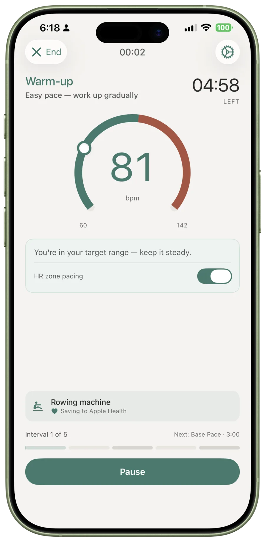 The myPotential workout screen shows a warm-up, a current heart-rate reading, and time remaining.