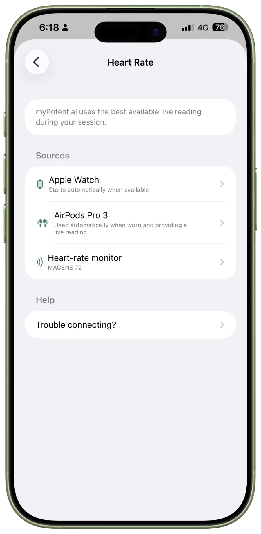 The myPotential Heart Rate screen lists Apple Watch, AirPods Pro 3, and a heart-rate monitor.