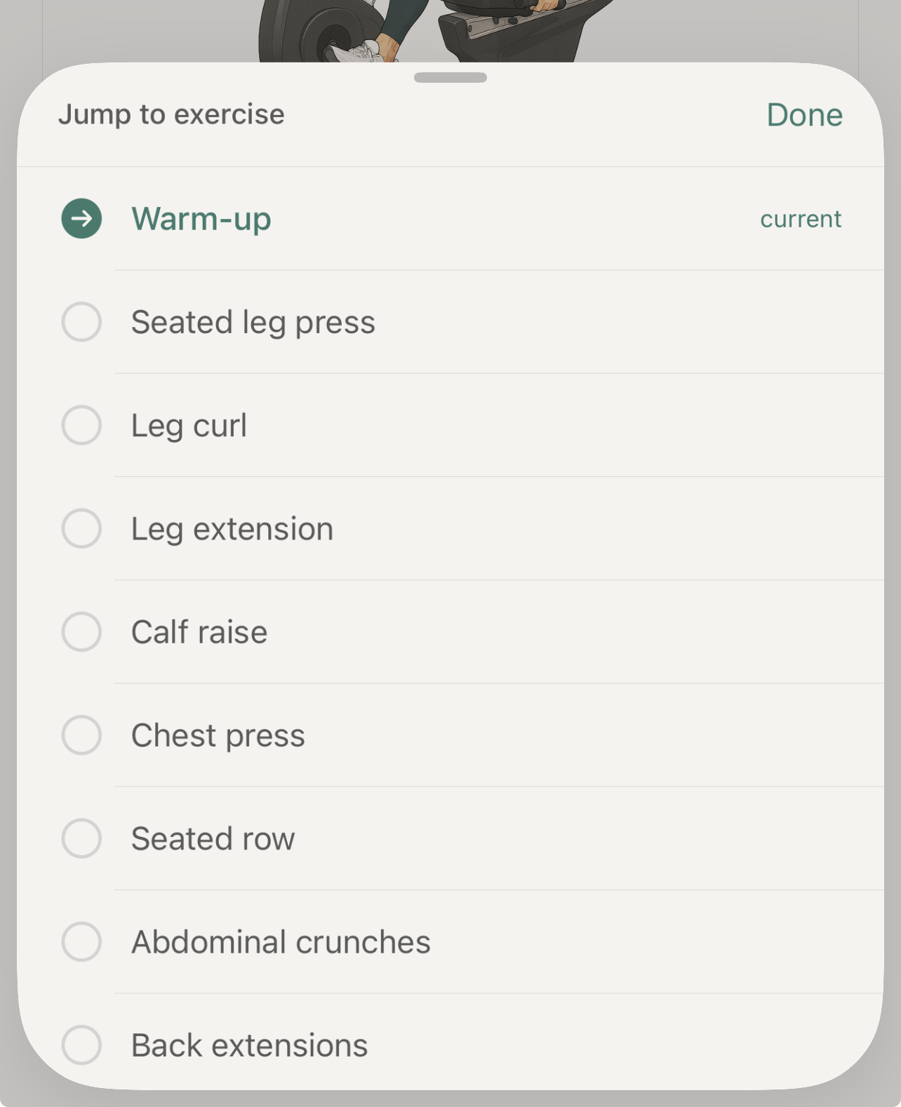The Jump to exercise sheet lists the current warm-up and the remaining strength exercises.