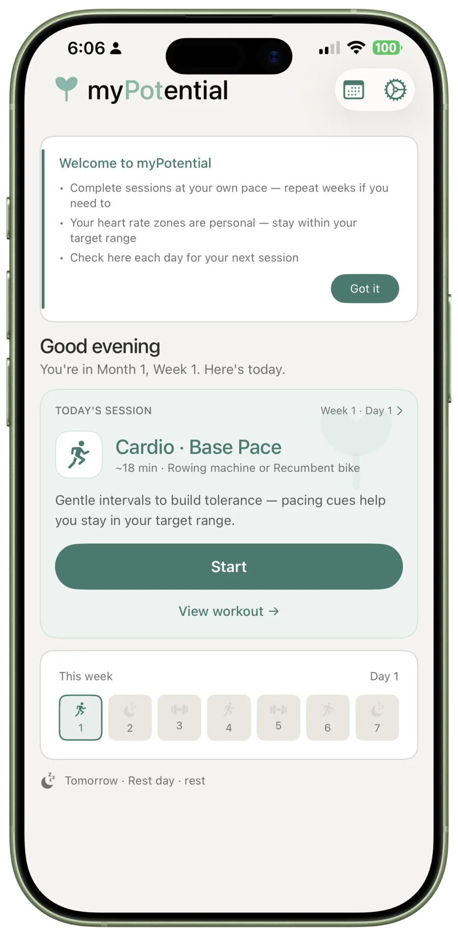 The myPotential dashboard shows today's Cardio Base Pace session and a Start button.