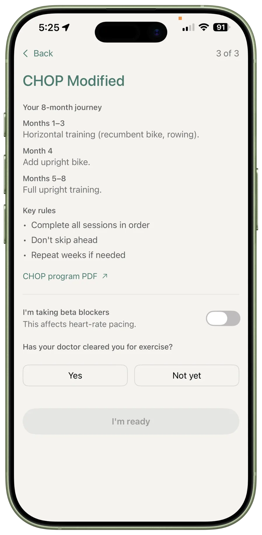 The myPotential CHOP Exercise Program screen asks about beta blockers and whether a doctor has cleared the person for exercise.