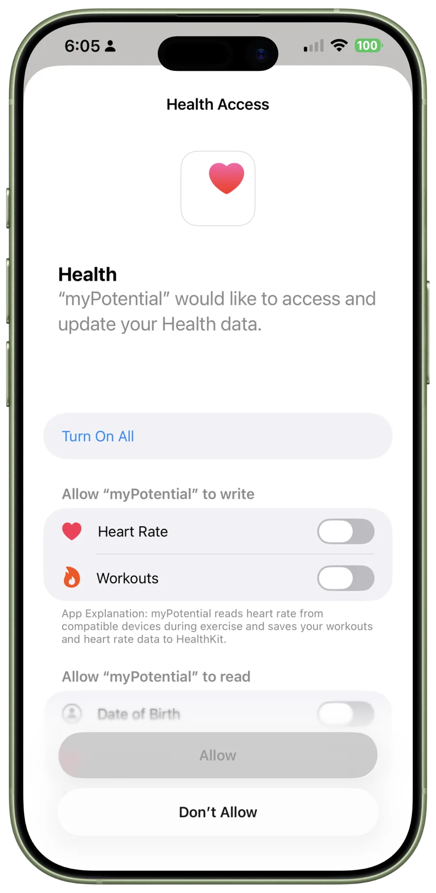 The iPhone Health Access screen asks permission for myPotential to access Heart Rate and Workouts.