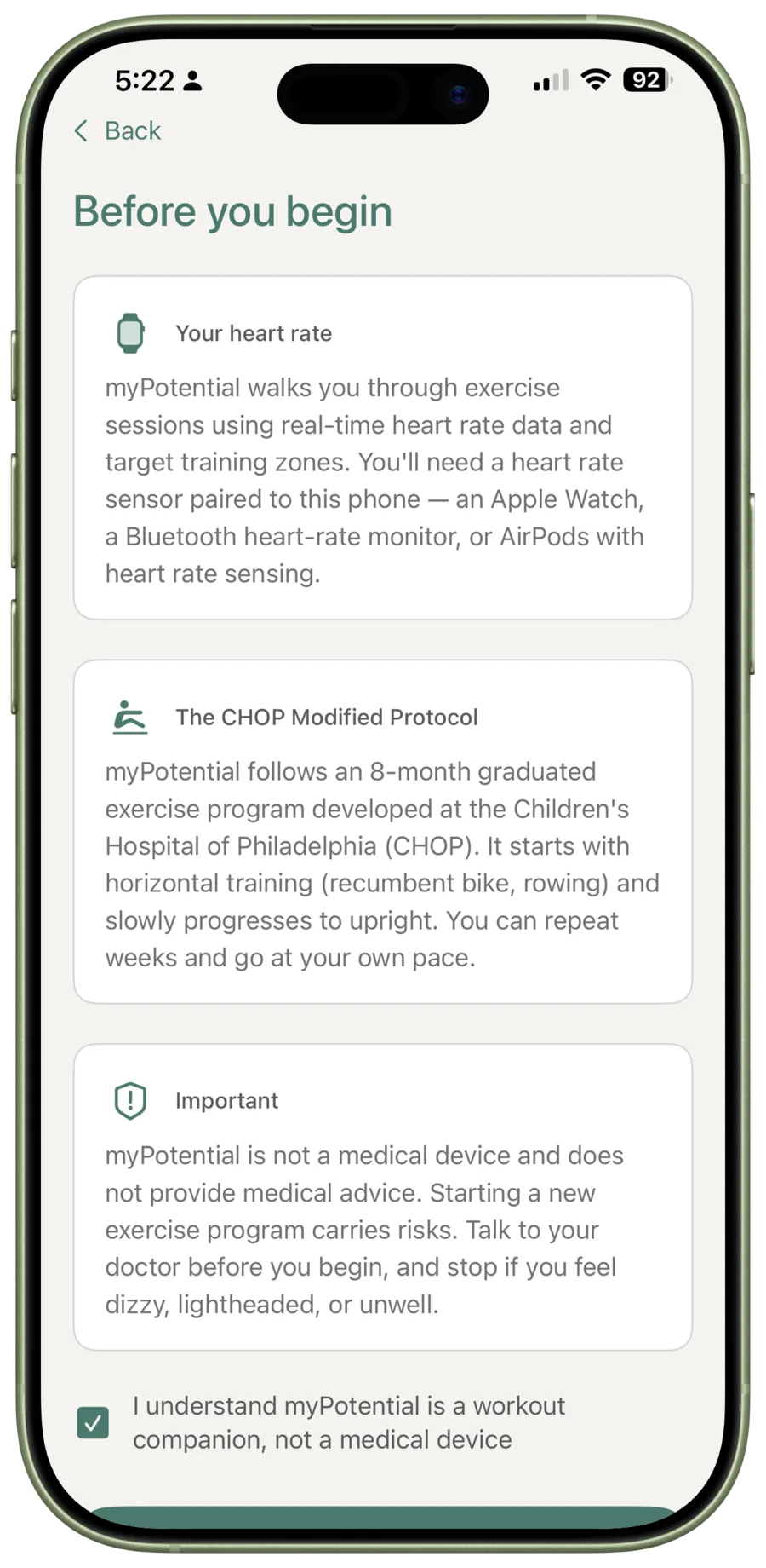 The myPotential important information screen includes an acknowledgement that myPotential is not a medical device.