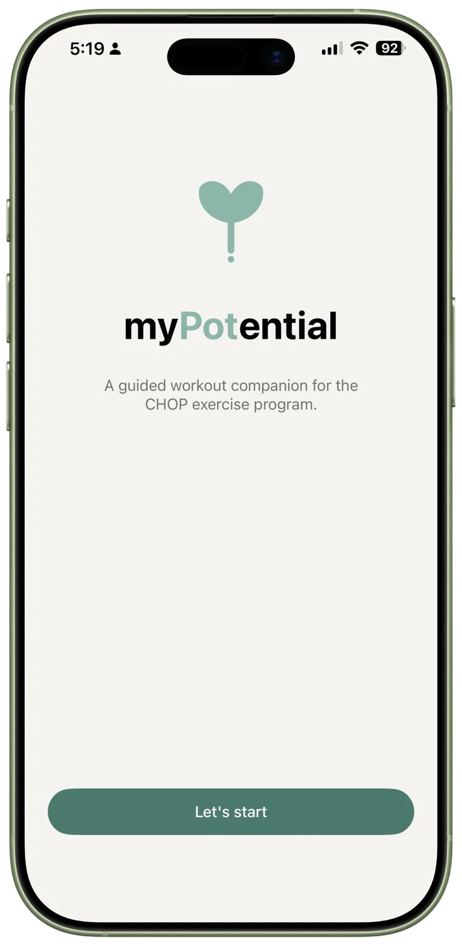 The myPotential welcome screen has a Let's Start button.