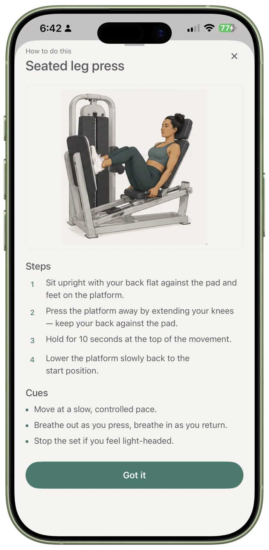 The How to do this sheet for seated leg press includes an illustration, numbered steps, cues, and a Got it button.