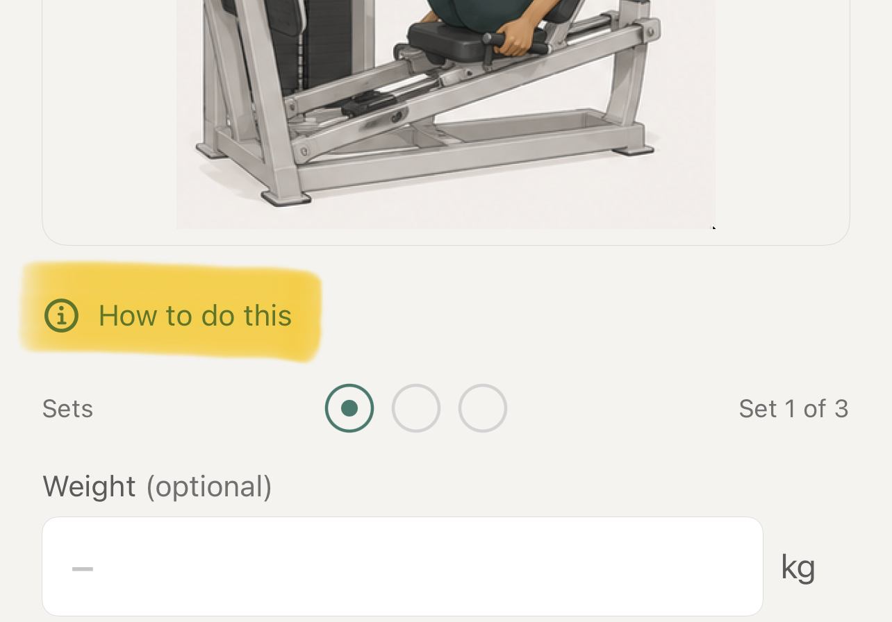 The How to do this link appears below the exercise image and above the set tracker.