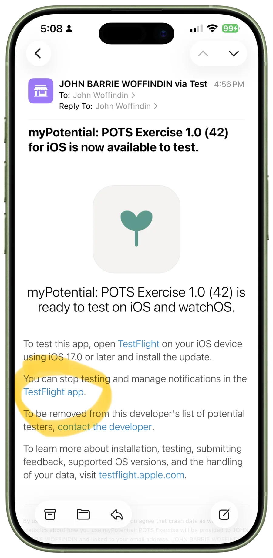 An invitation email says that myPotential is ready to test and includes a TestFlight link.