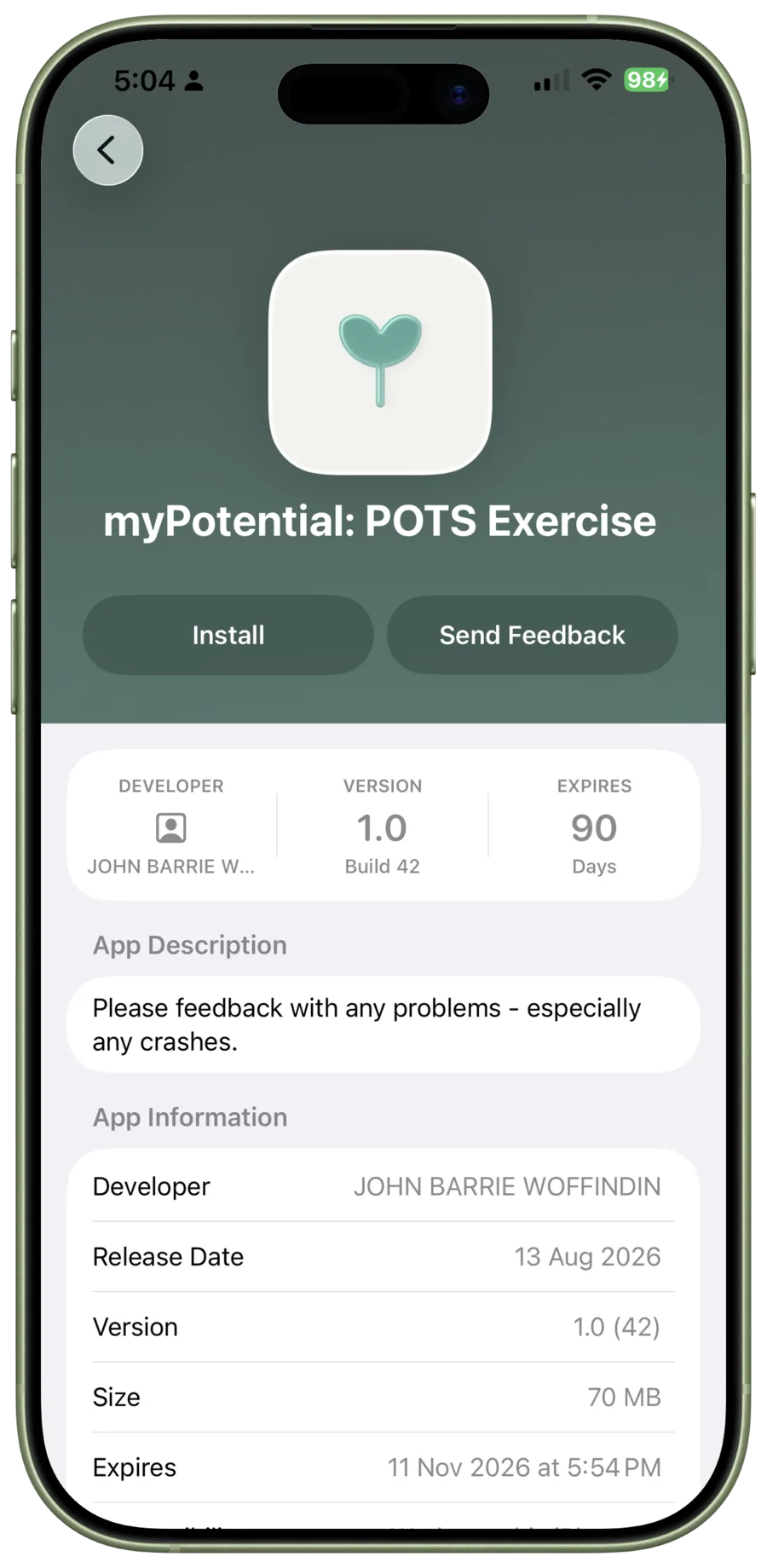 The TestFlight page for myPotential has an Install button.